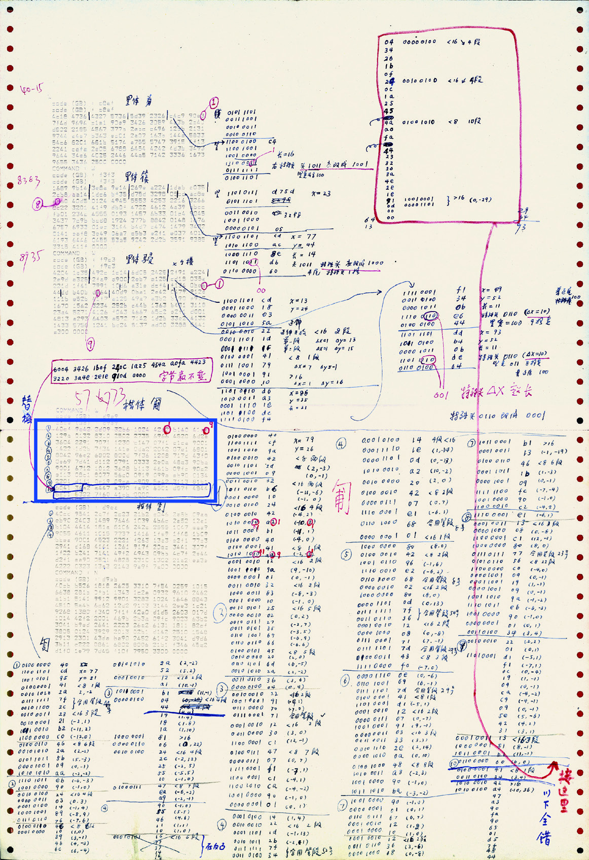 王选查改“匍”字压缩信息和字模的手稿